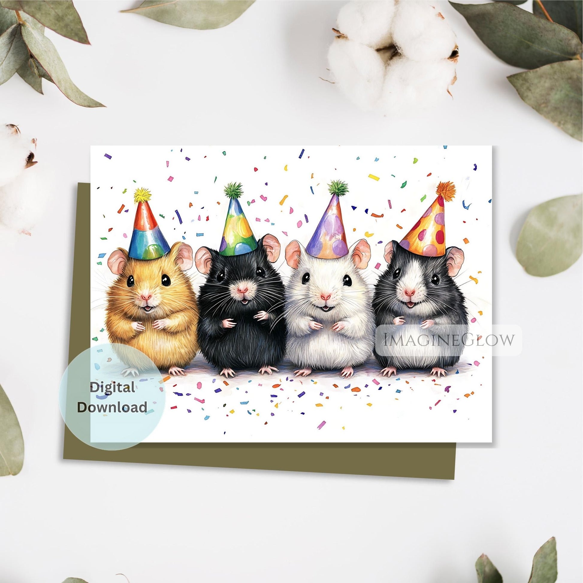 Card with cartoon mice wearing party hats on a white background