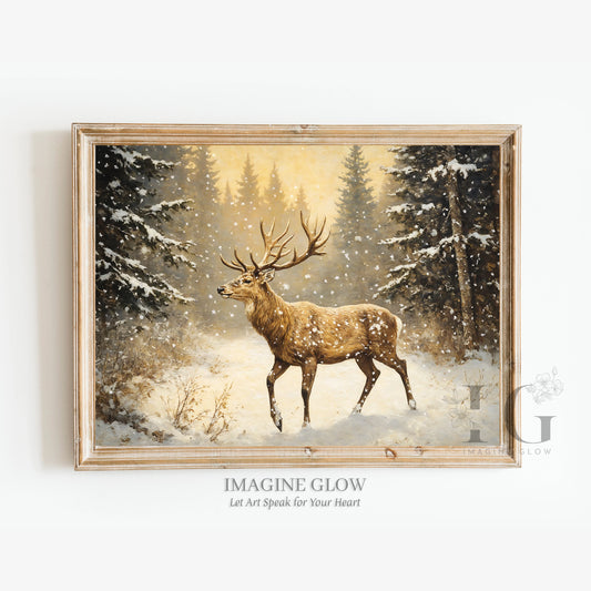 Snowy forest scene with reindeer for cozy holiday home décor