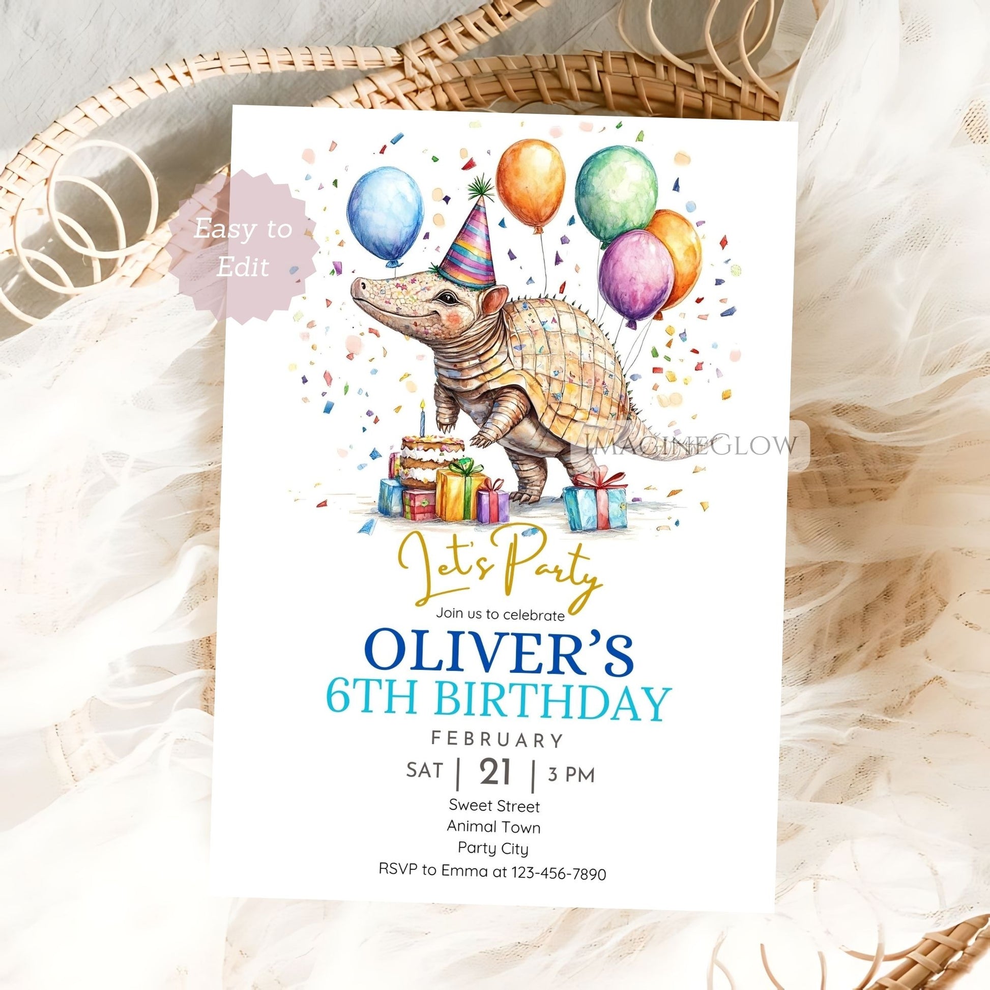 Fun animal-themed invite with armadillo