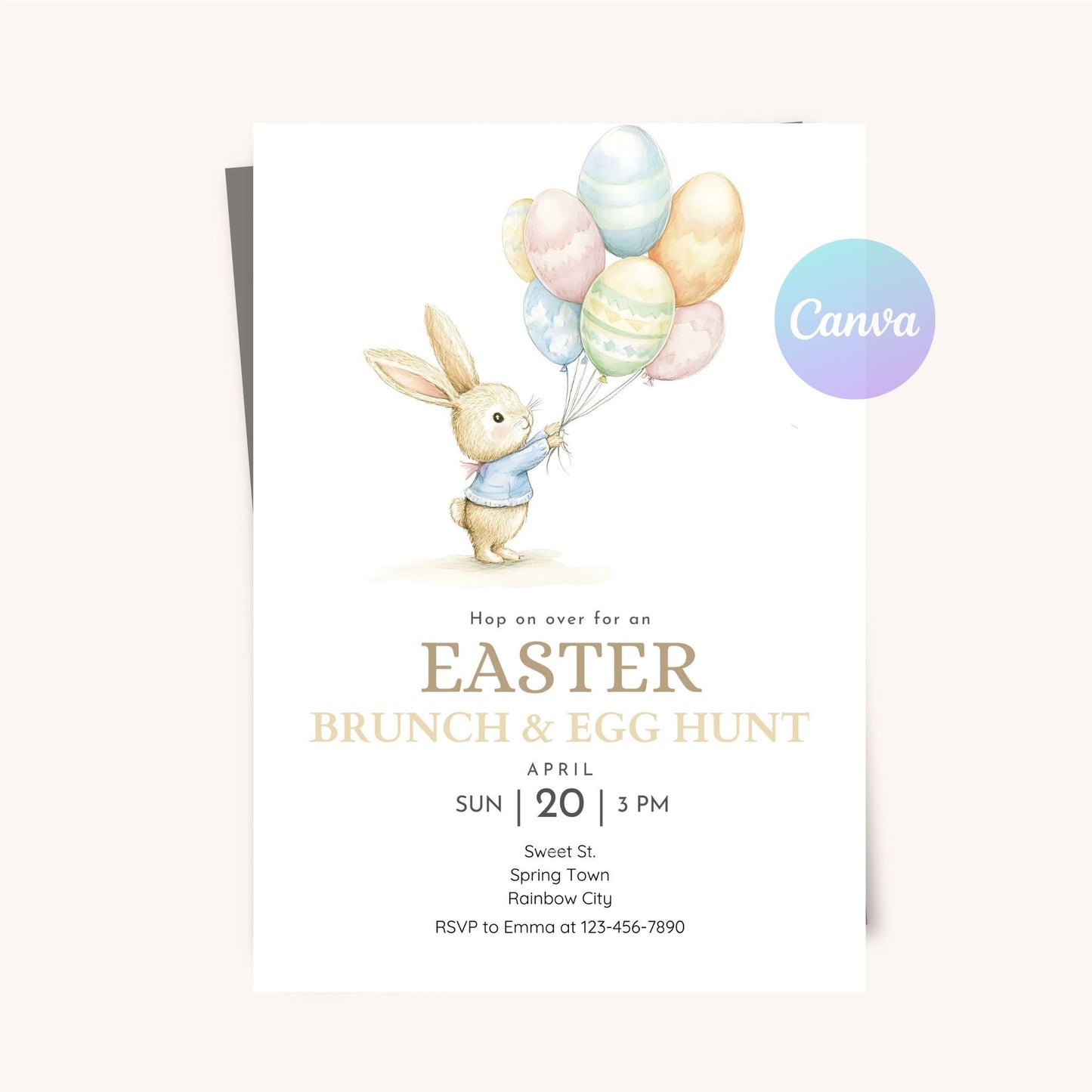 Printable Easter egg hunt invitation with a bunny and spring colors.