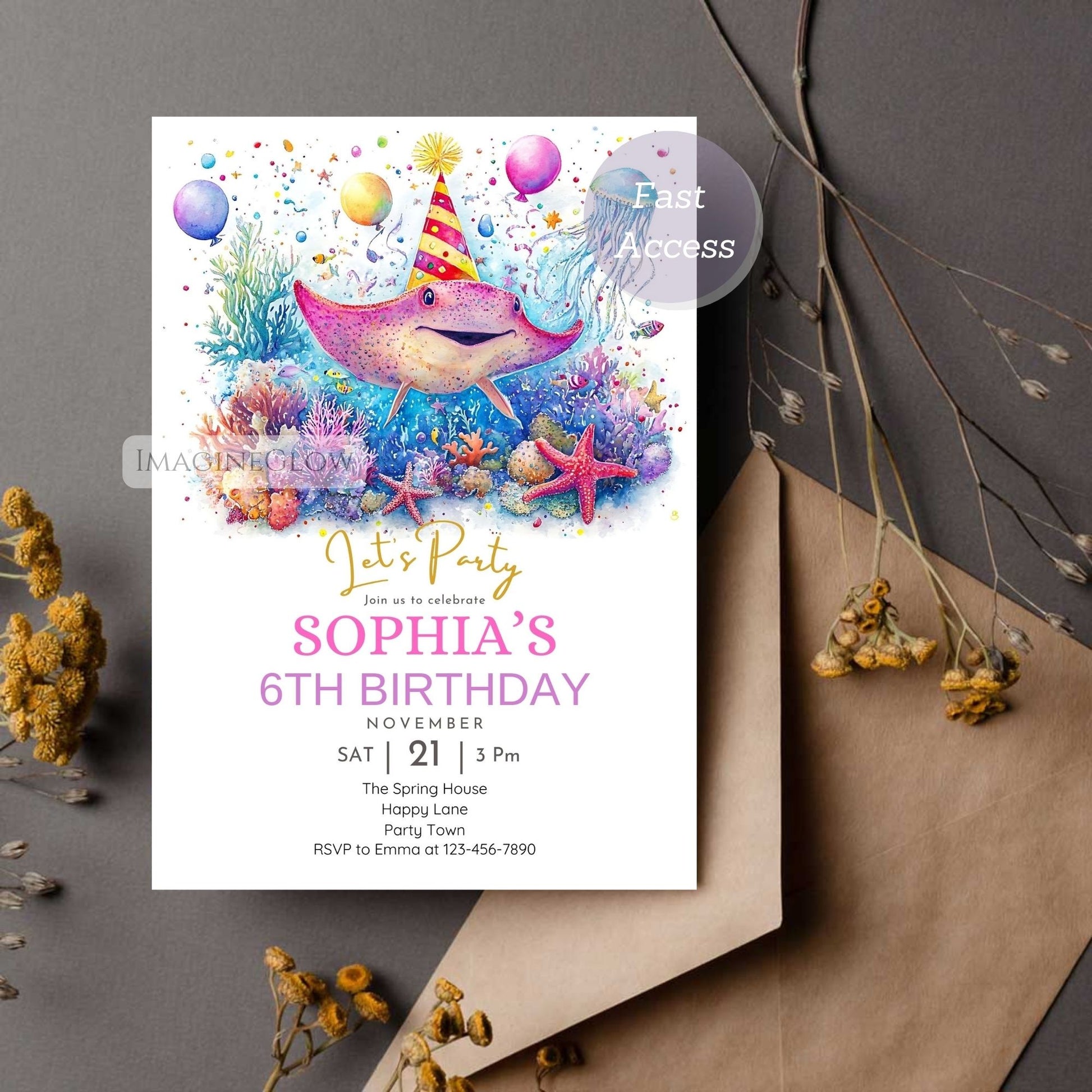 Printable stingray kids birthday invitation
Marine life themed birthday invite for children
