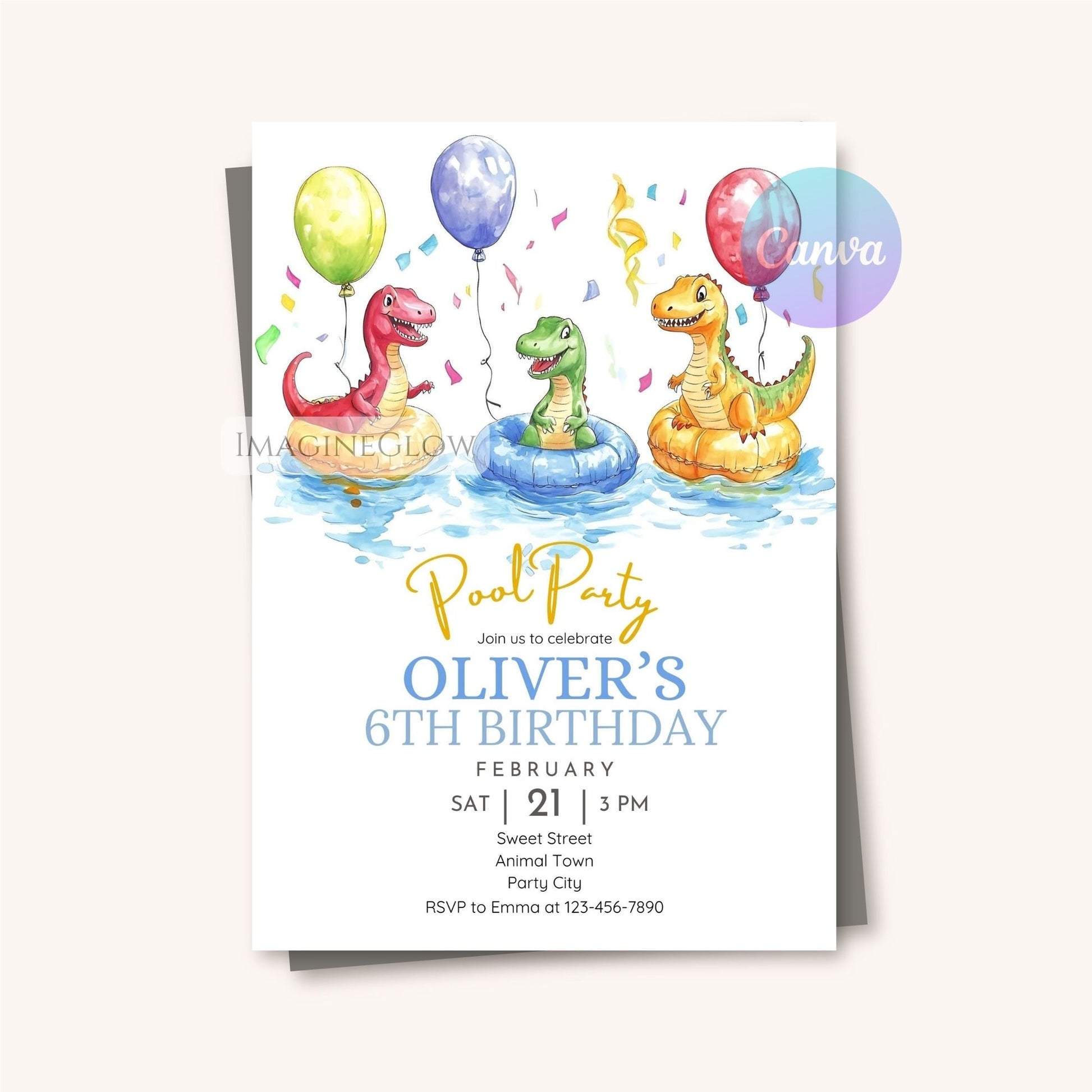 Dino splash birthday invitation with pool theme