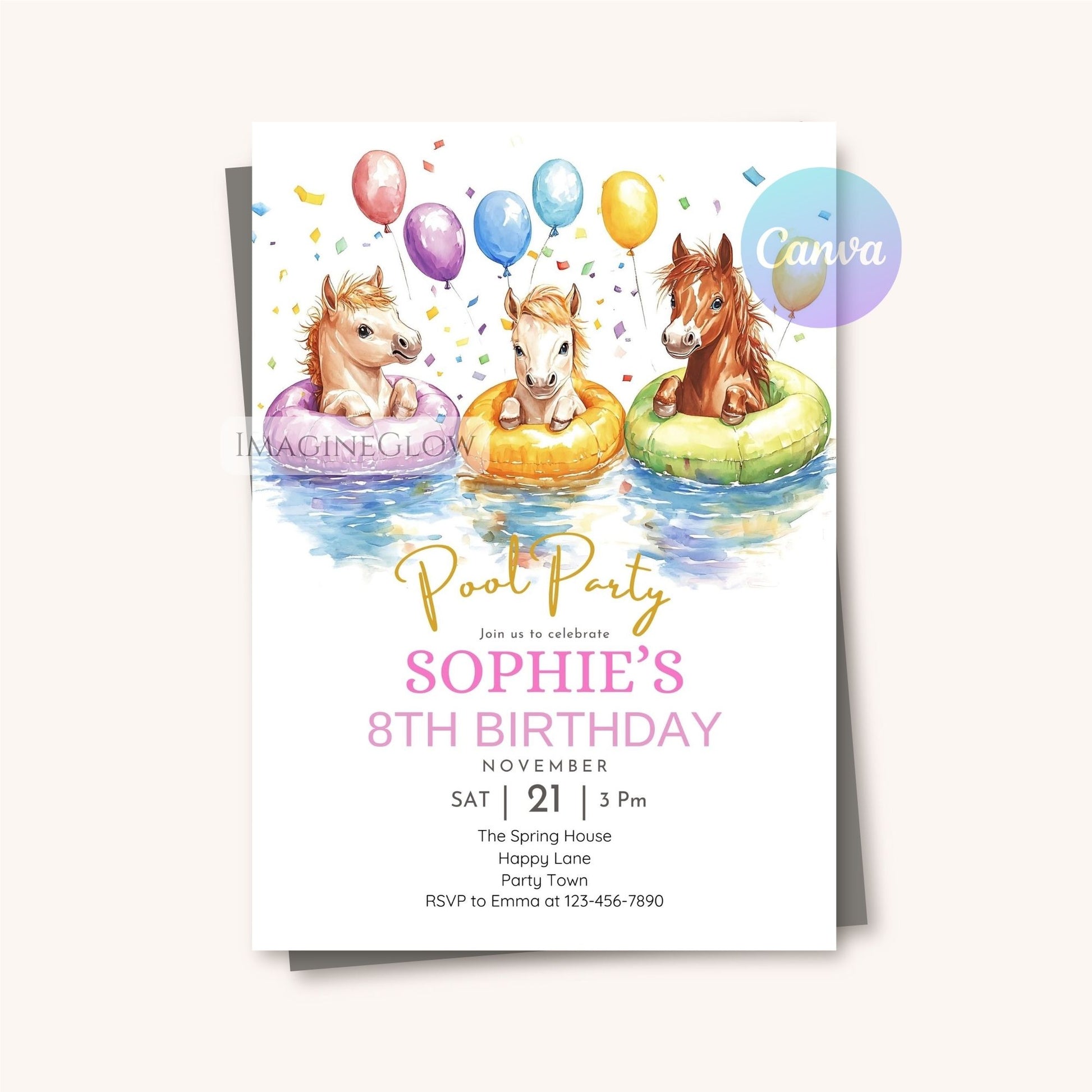 Horse pool birthday template for children
Editable equestrian birthday party invite