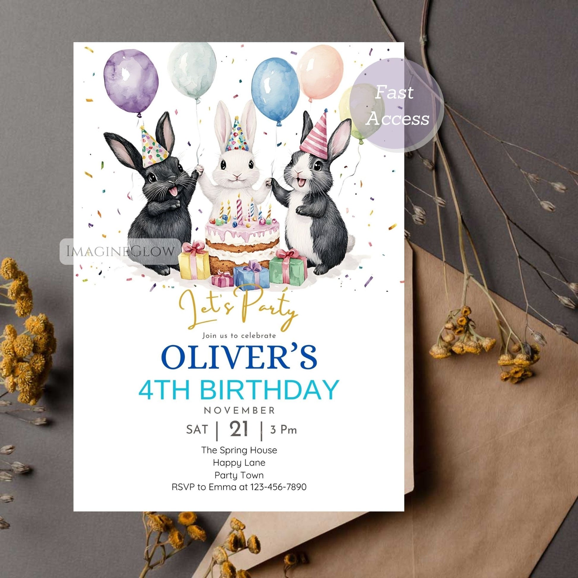 Spring animal birthday invitation for kids
Adorable bunny birthday party invite