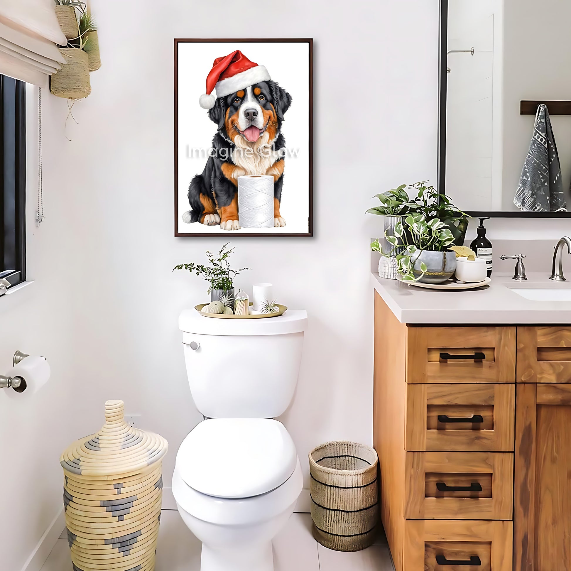Fun and festive holiday decor featuring a Bernese Mountain Dog in a toilet, available as printable art.