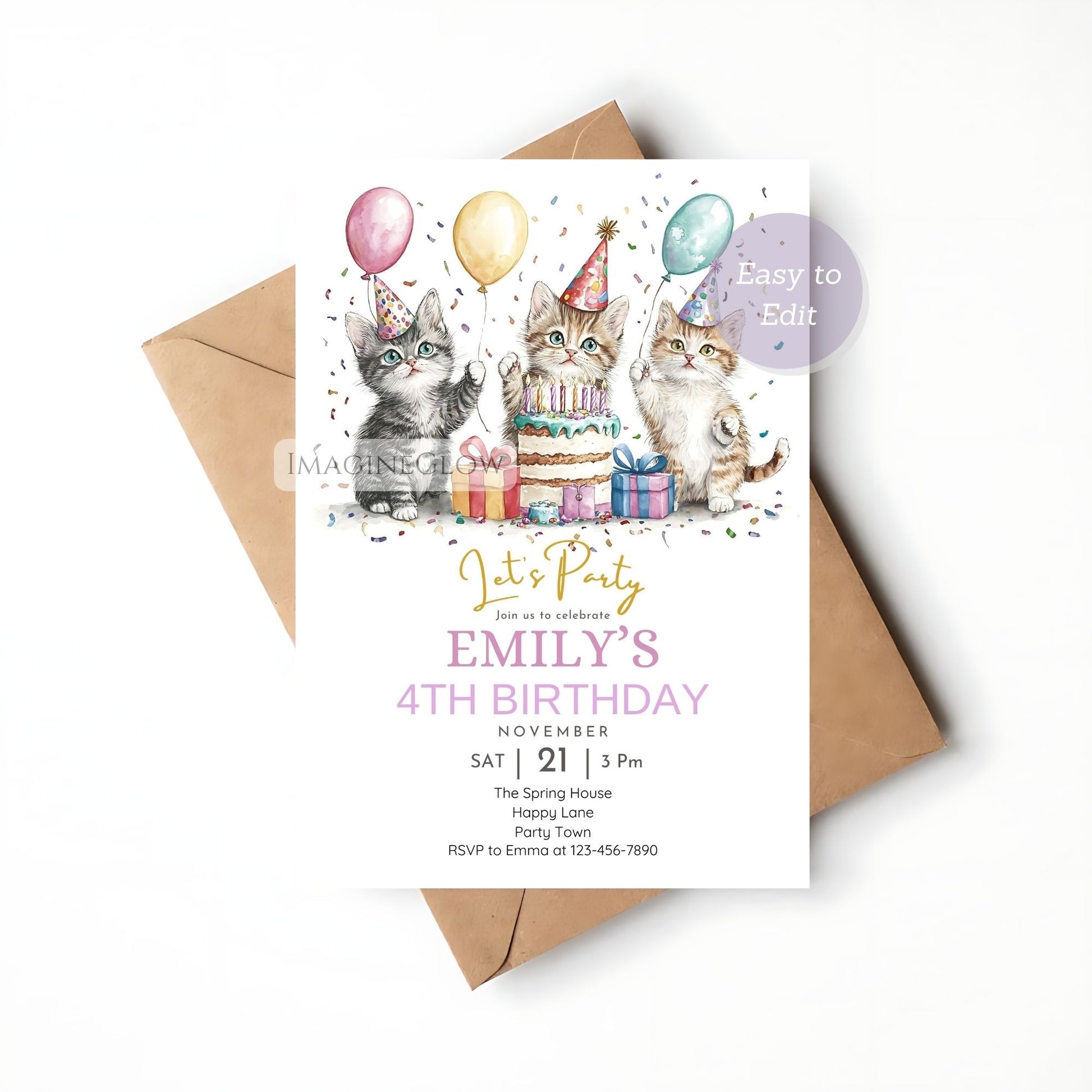 3 kittens birthday invitation template