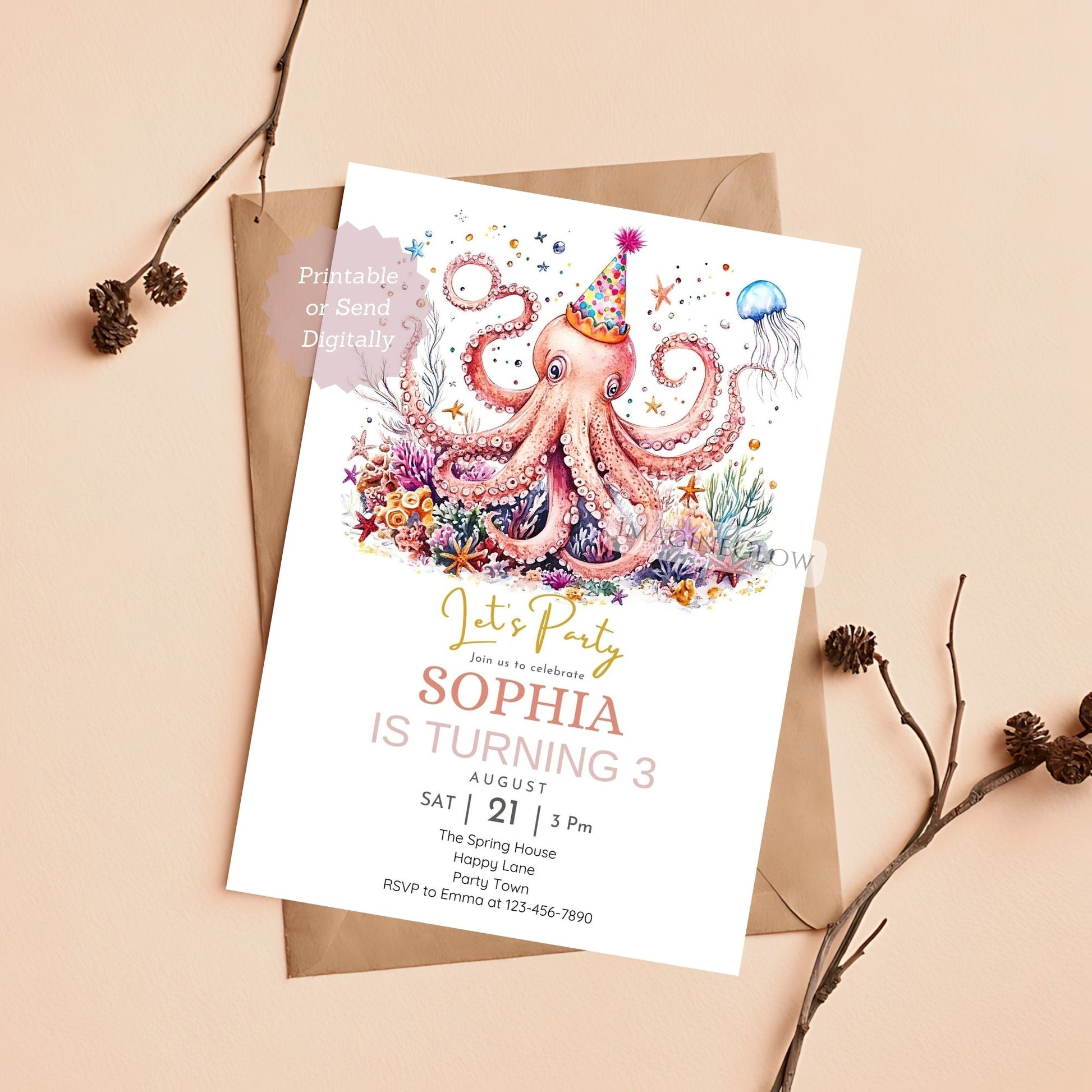 Octopus birthday invitation for ocean party