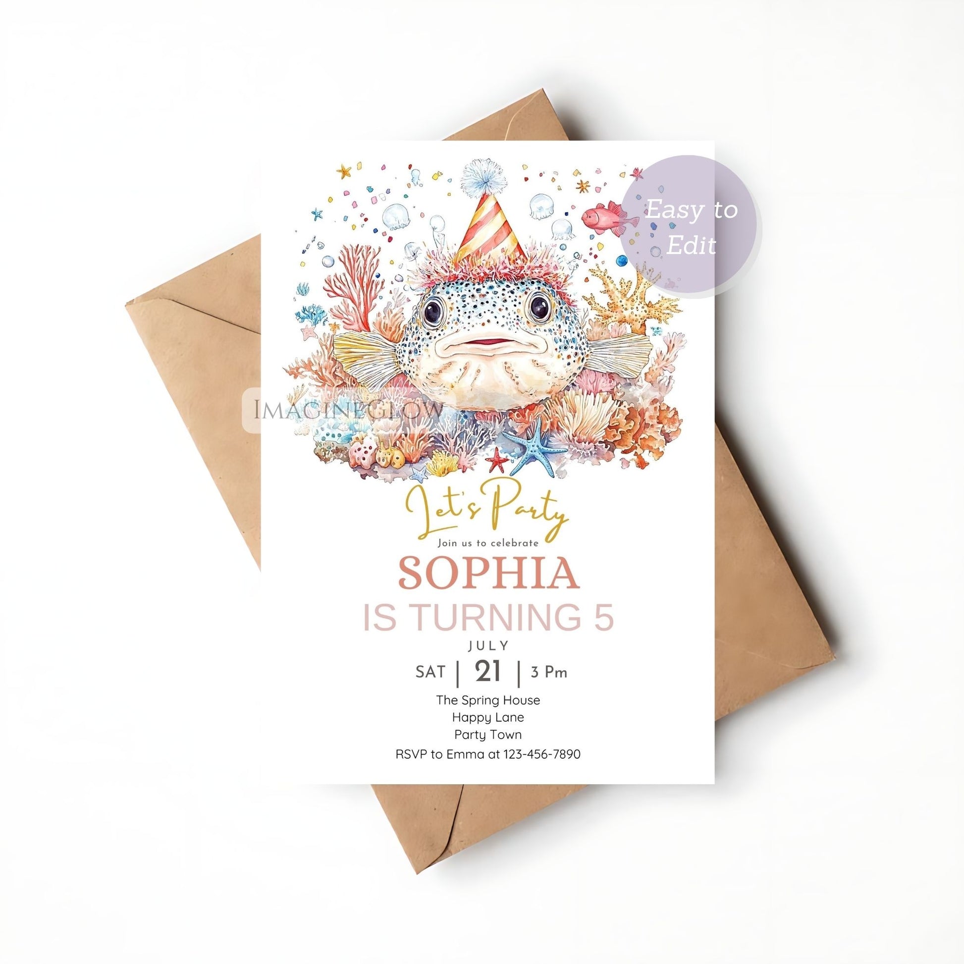 Underwater theme birthday card with pufferfish
Colorful marine animal birthday invitation