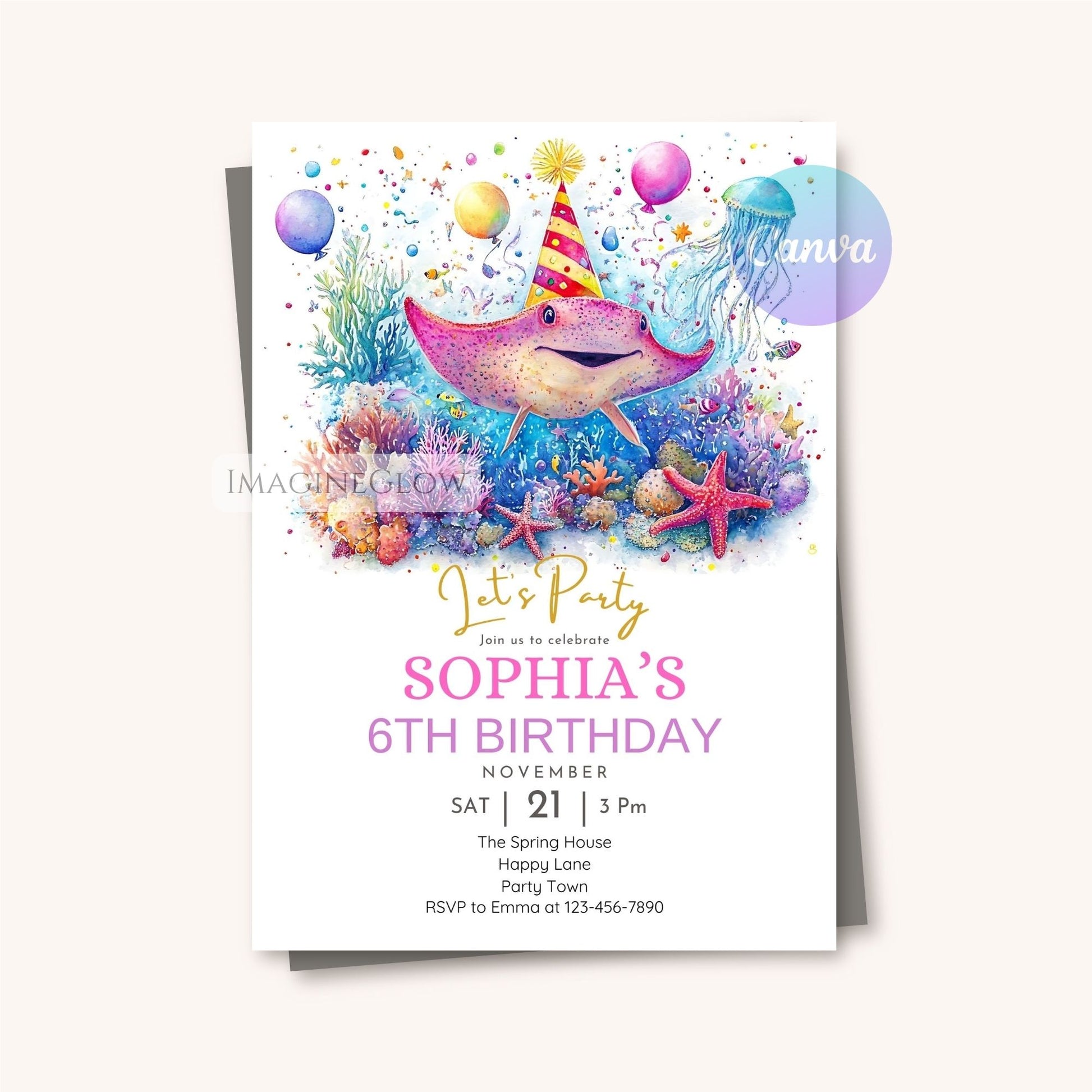 Custom ocean party invitation featuring stingray