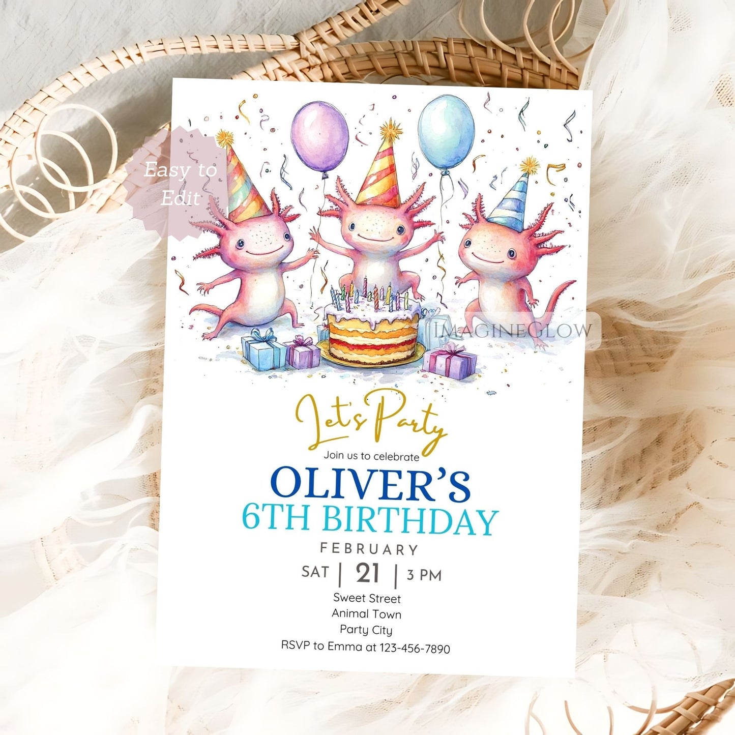 Kids axolotl birthday invitation