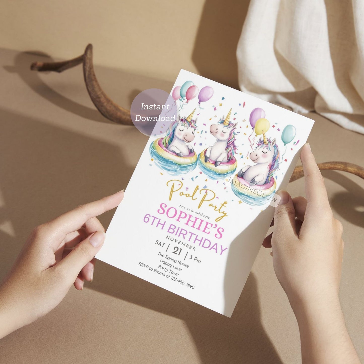 Summer unicorn party invitation for kids
