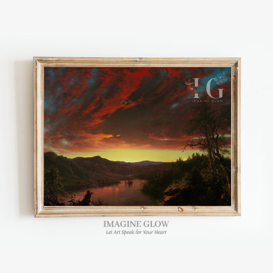 Tranquil twilight lake landscape in vintage-inspired artwork