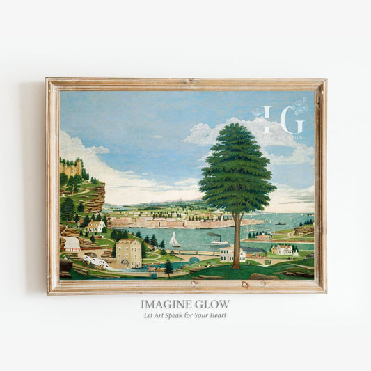 Printable vintage town and harbor scene painting for wall decor