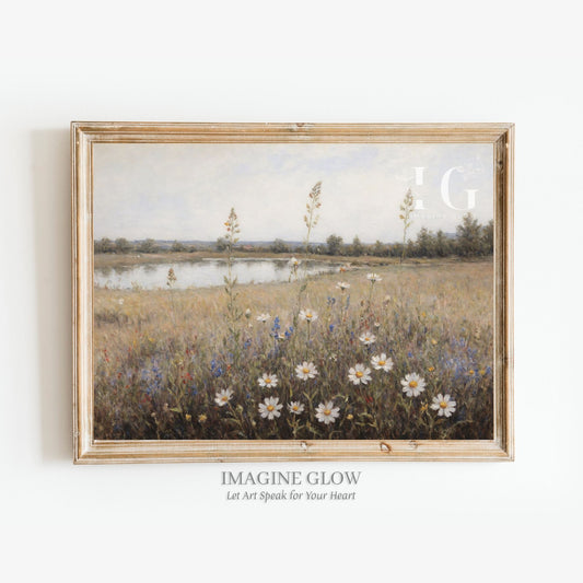 Printable vintage wildflower meadow pond art for home decor