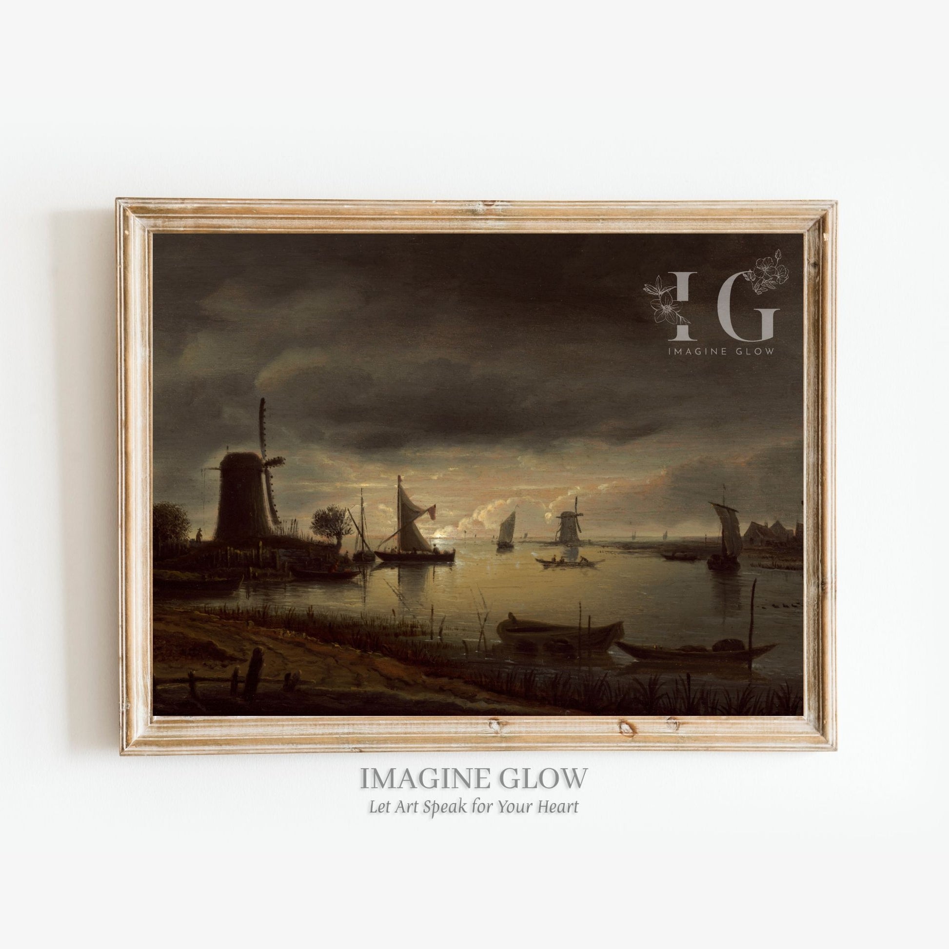 Vintage countryside art featuring a windmill by a river