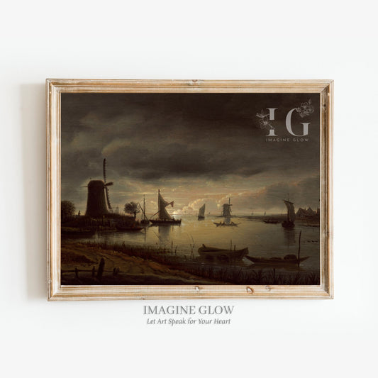 Vintage countryside art featuring a windmill by a river