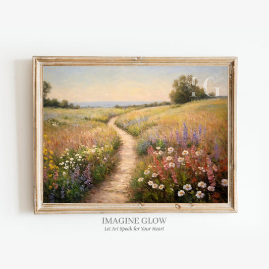 Scenic wildflower path artwork in vintage style for wall decor