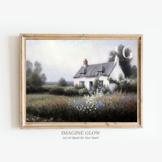 Cottage painting printable featuring a vintage-style landscape