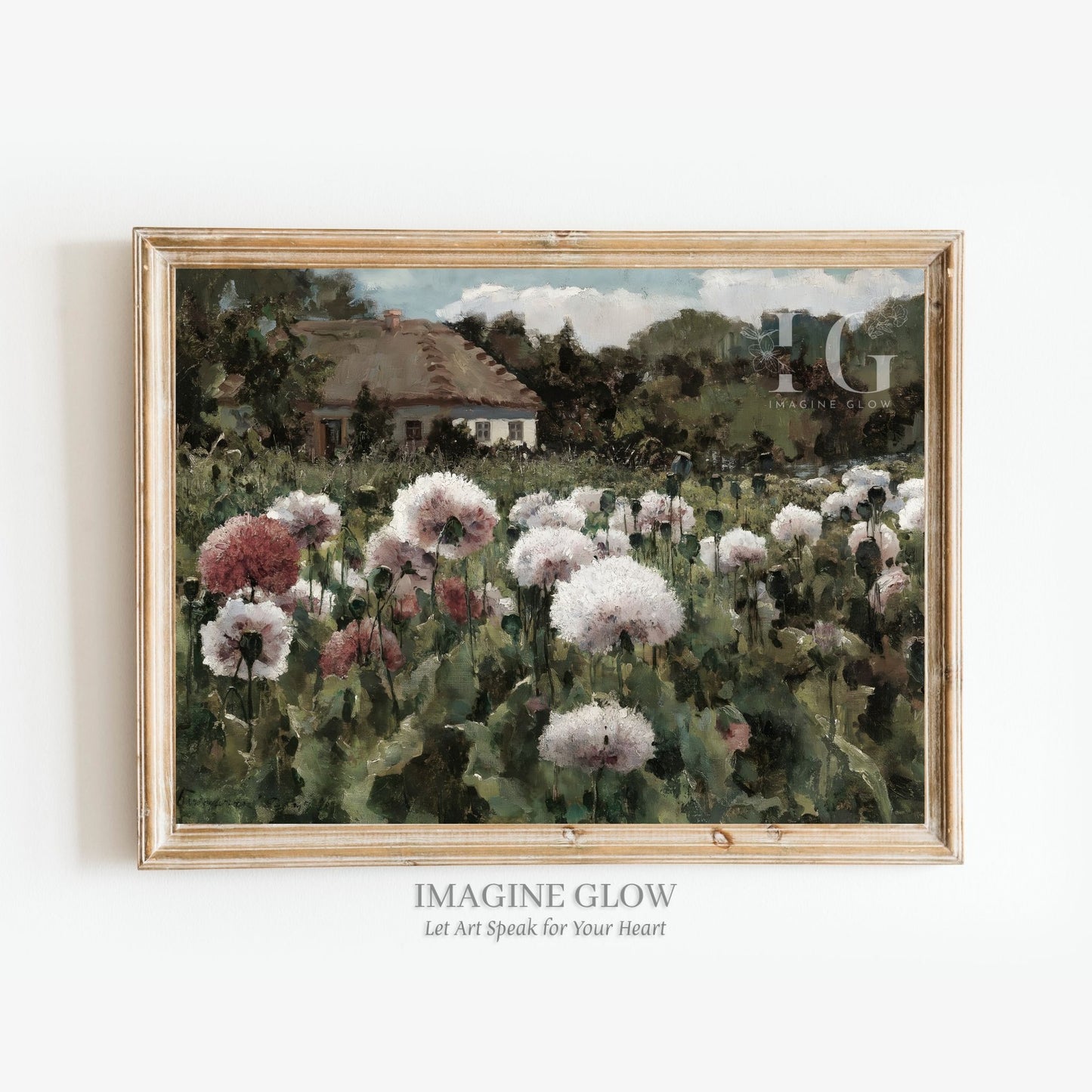 Serene cottage surrounded by hydrangeas in vintage wall art