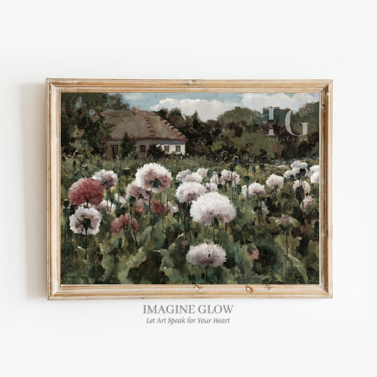 Serene cottage surrounded by hydrangeas in vintage wall art