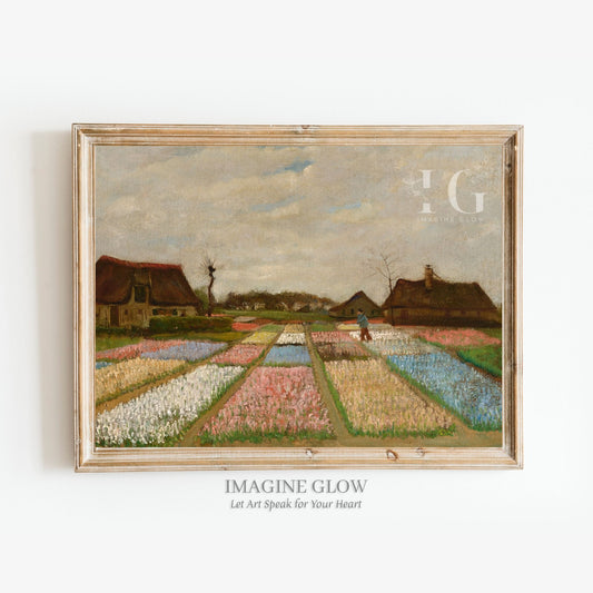 Colorful Dutch flower fields landscape in vintage style