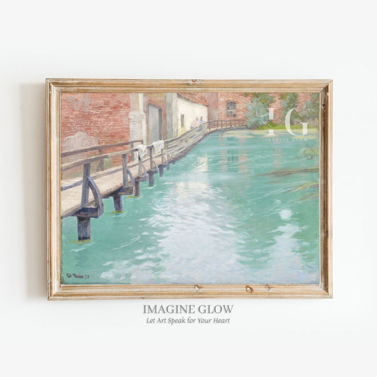 Antique wall art printable featuring a serene clear river painting