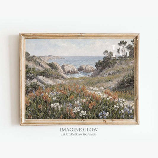 Vintage wall decor featuring coastal wildflowers in a scenic landscape