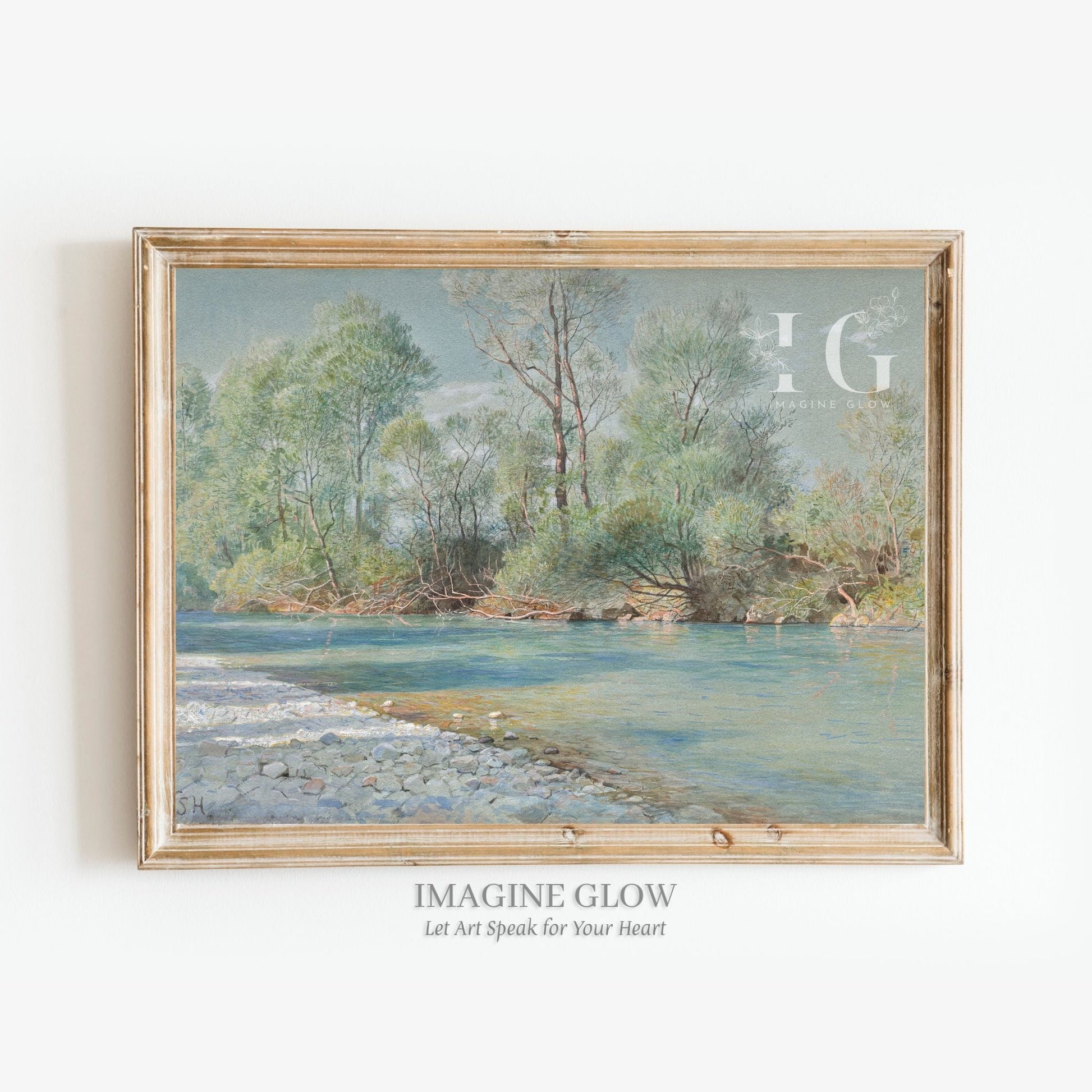 Antique printable wall art featuring a clear river flowing through a forest