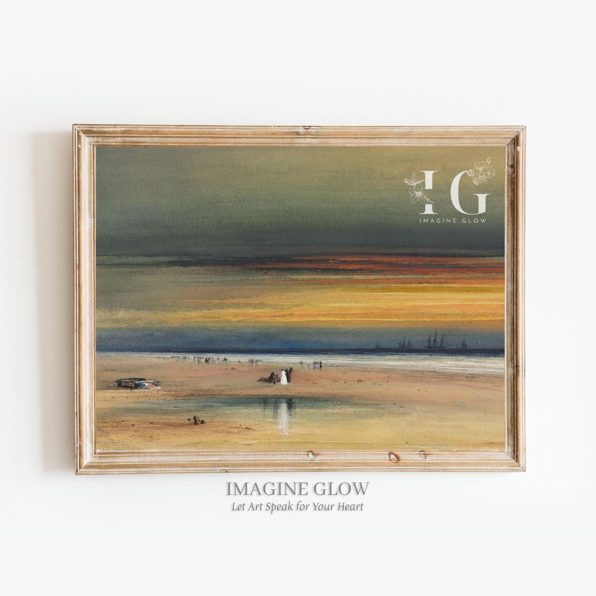 Antique landscape painting of a beach at sunset, available as printable art.