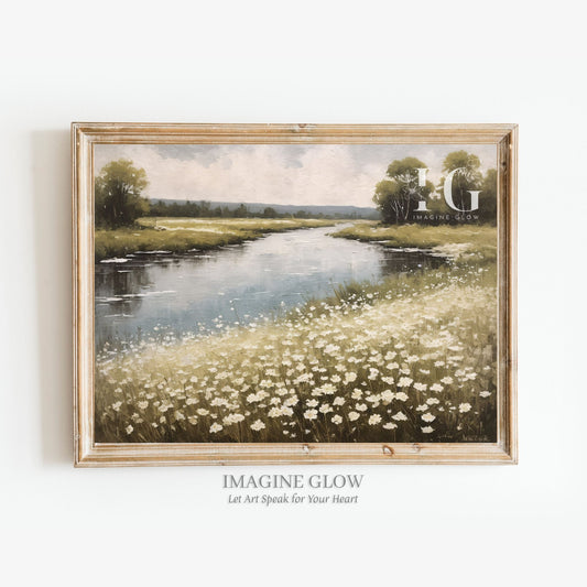 Printable vintage wildflower meadow river painting for home decor
