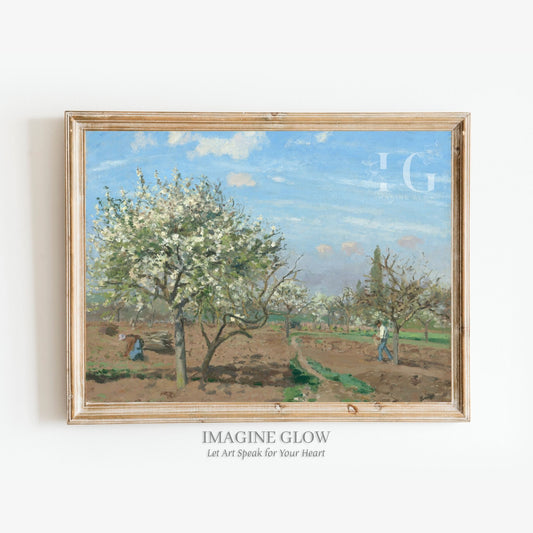 Serene vintage artwork of an orchard in full bloom