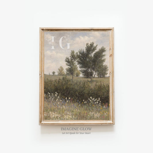Printable vintage country landscape painting in neutral tones