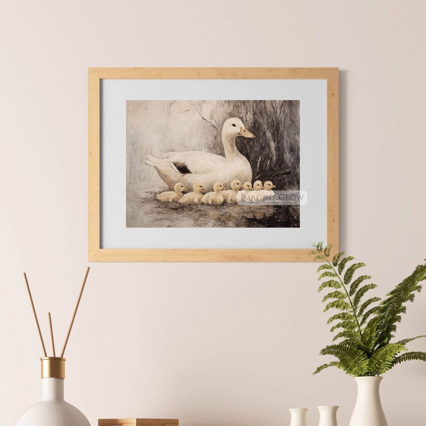 Rustic artwork featuring ducks and ducklings