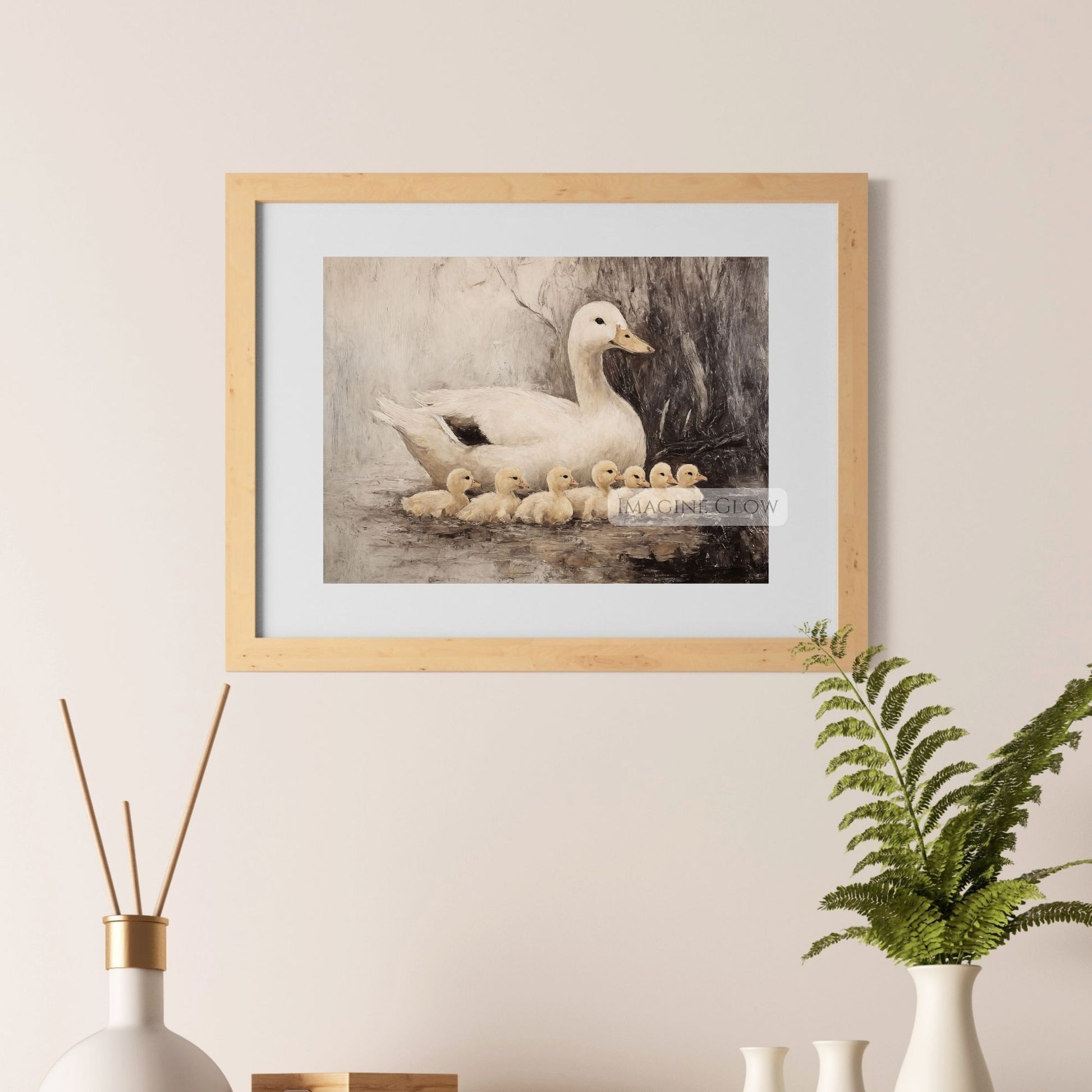 Rustic artwork featuring ducks and ducklings