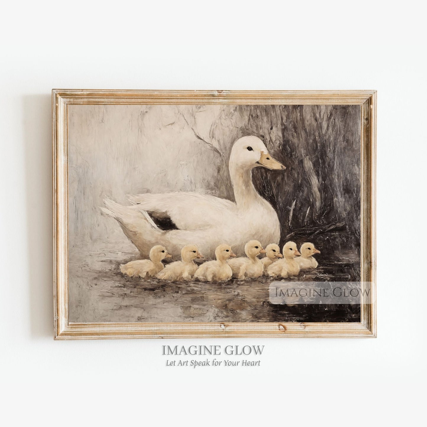 Vintage oil painting of ducks and ducklings