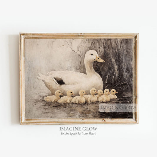Vintage oil painting of ducks and ducklings