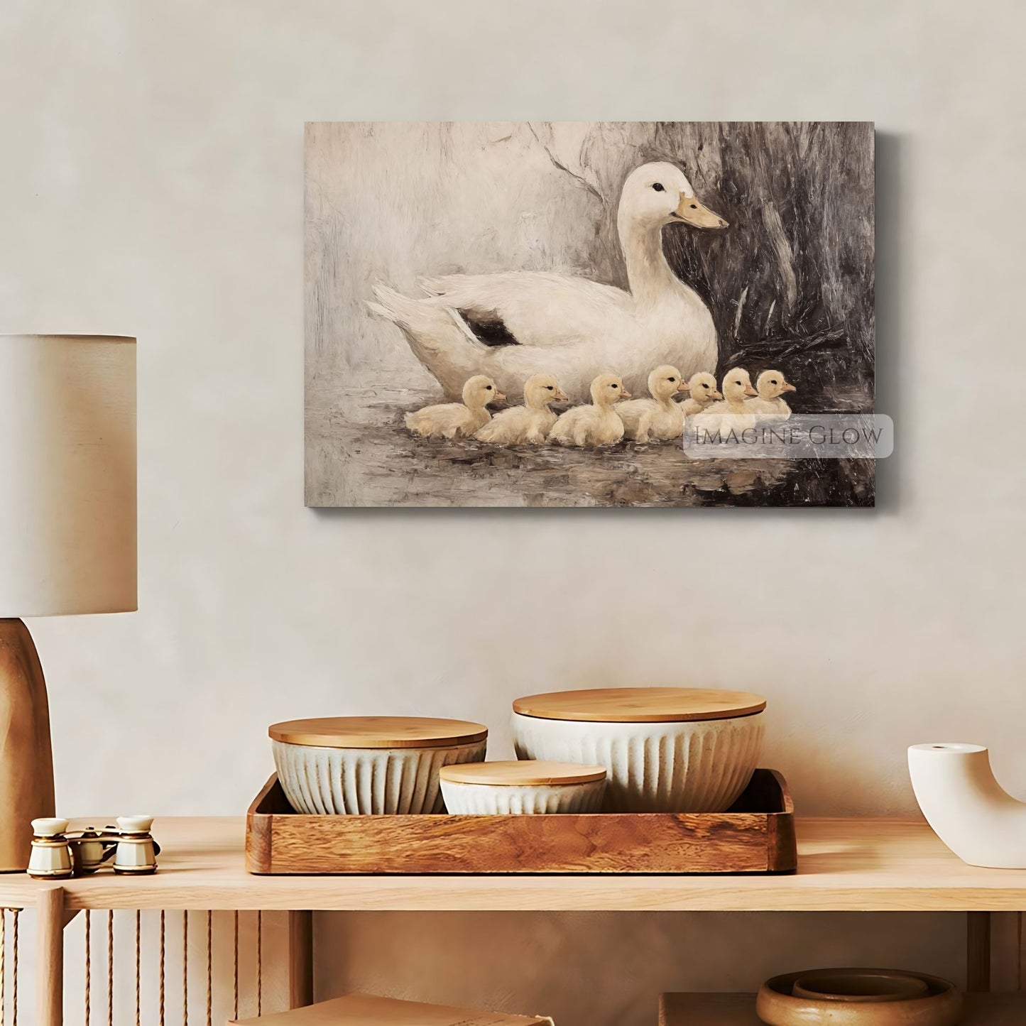 Vintage painting of ducks and ducklings in nature