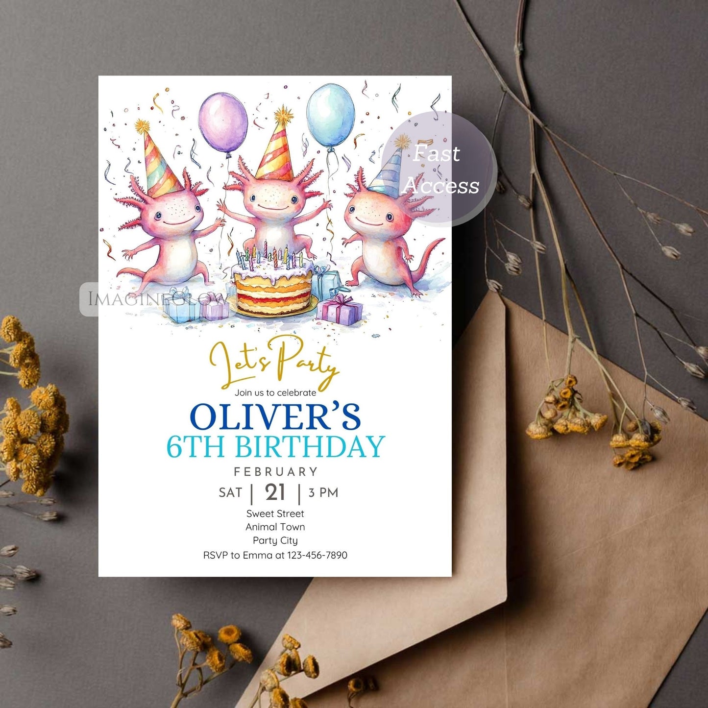 Aquatic animal party invitation with axolotl
