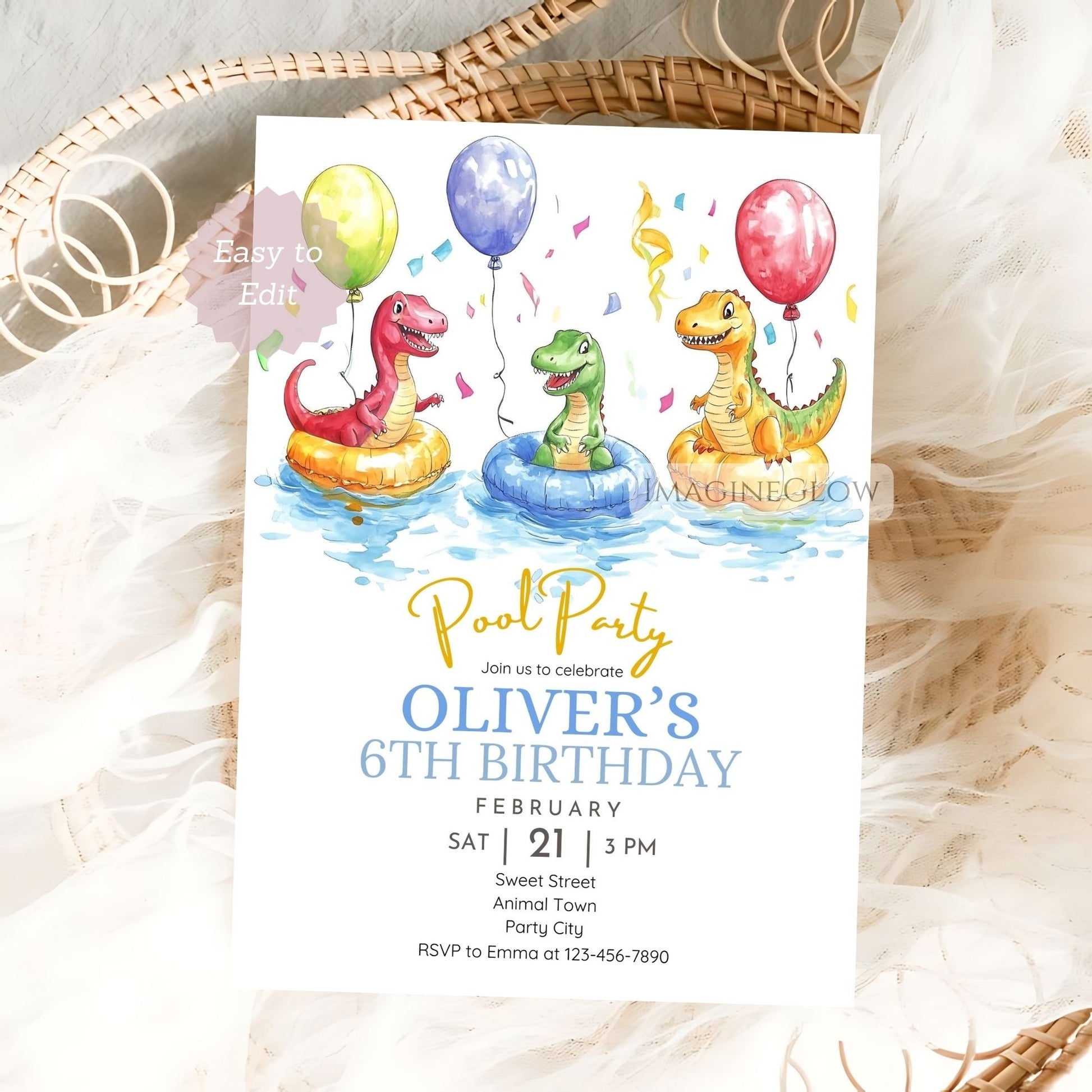 Colorful dinosaur pool invite for summer celebration
Printable dinosaur water birthday template