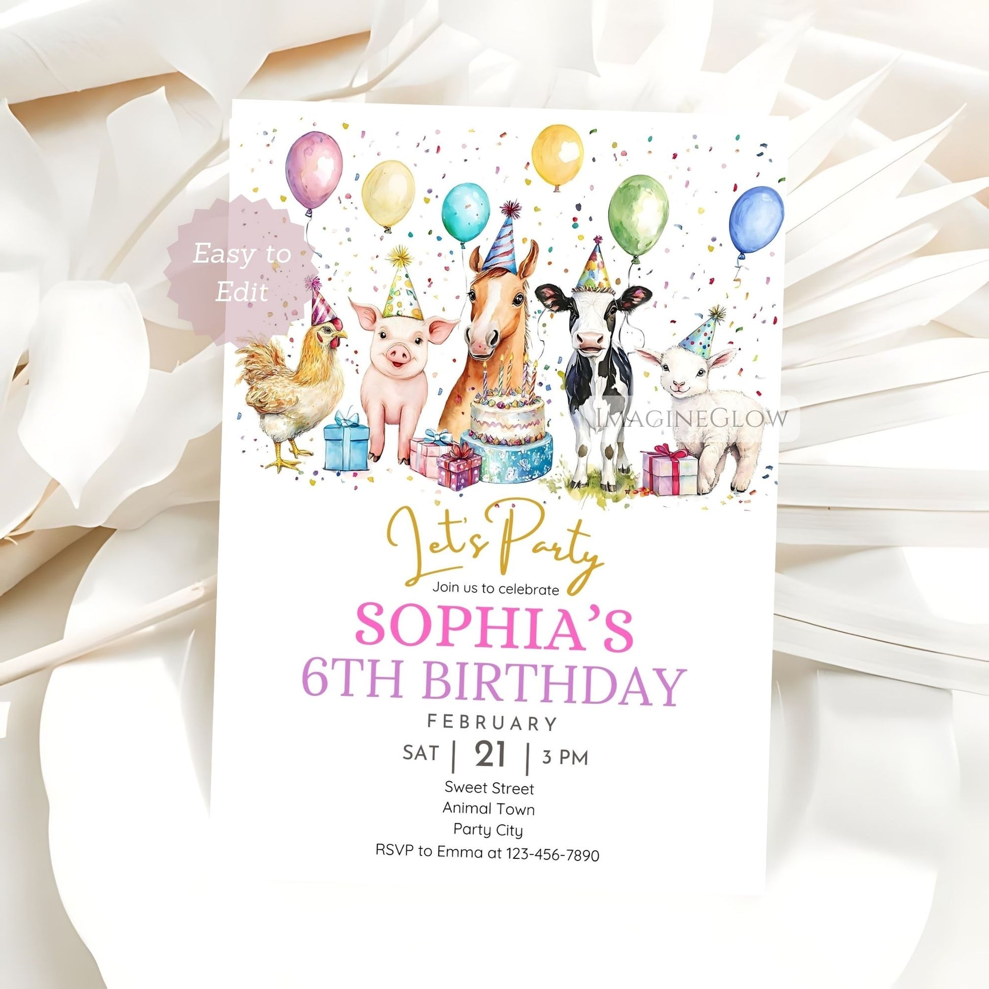Watercolor farm animal invitation
Cute barnyard birthday template for toddlers