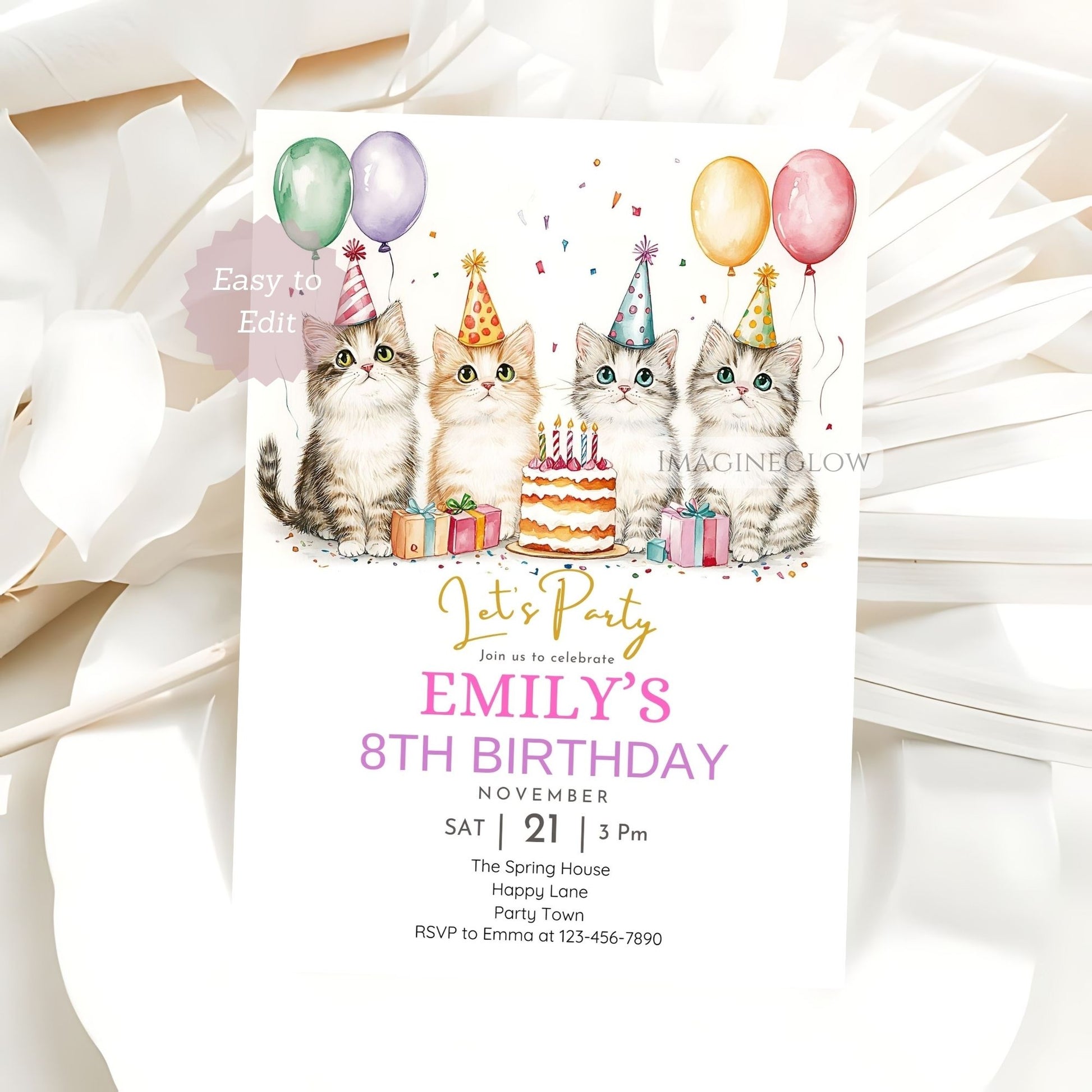 Adorable cat invitation template for birthday party