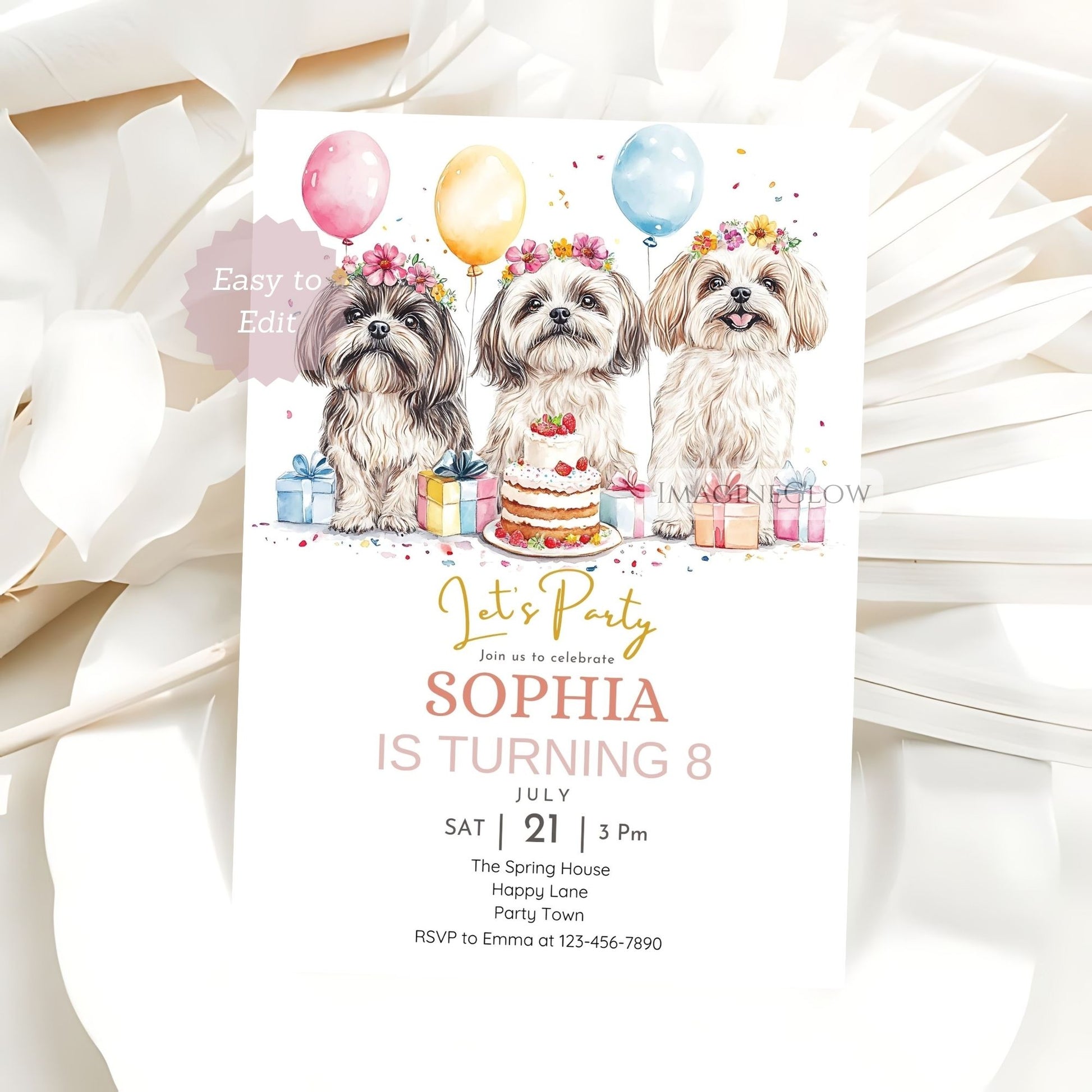 Editable floral Shih Tzu party invite
Cute dog birthday invitation with flowers