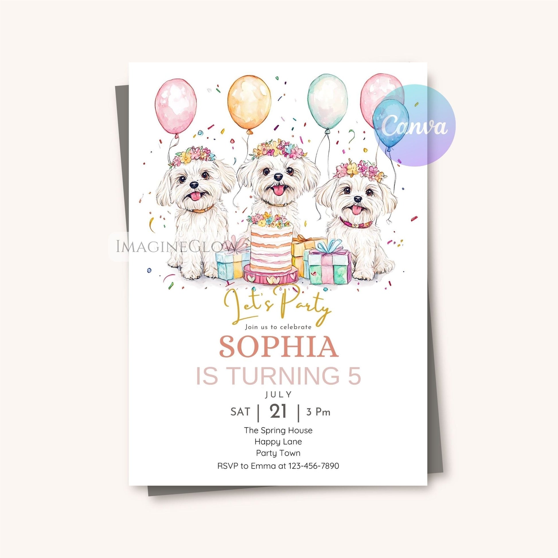 White puppy party invitation for girls