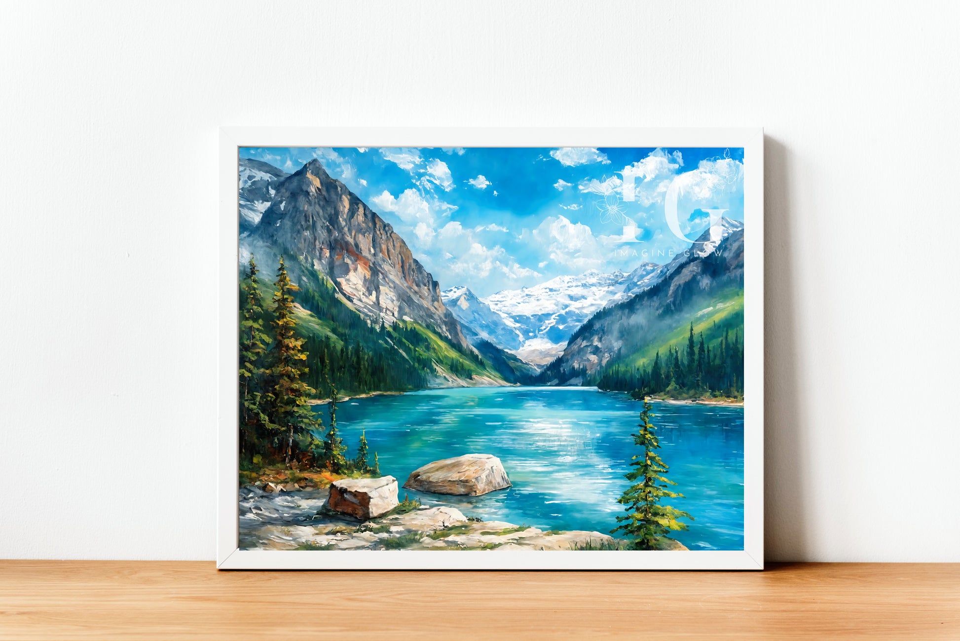 Serene mountain village landscape available as printable wall decor.