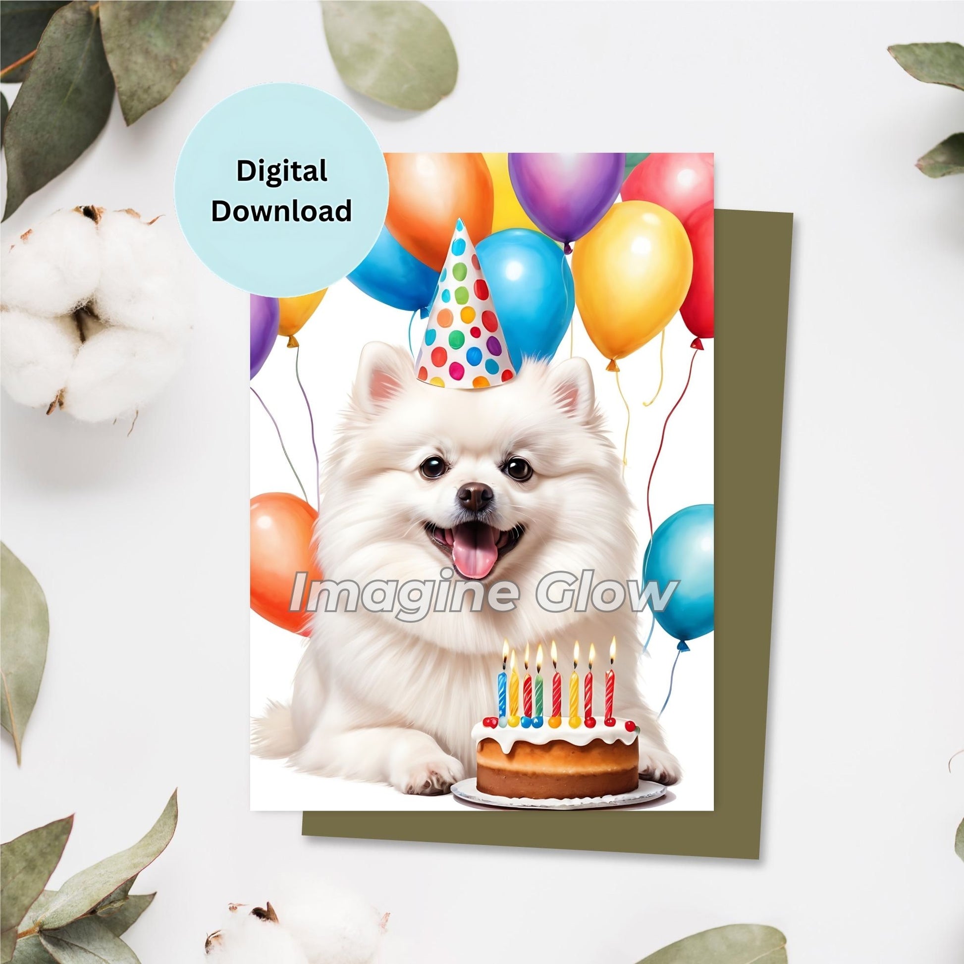 White Pomeranian Dog Birthday Card - Printable Pet Greeting Card for Dog Lovers