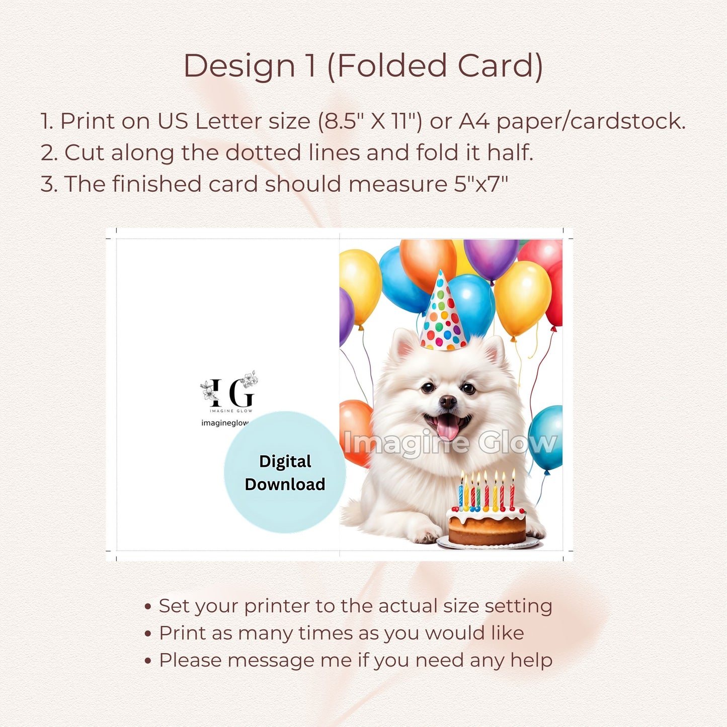 White Pomeranian Dog Birthday Greeting Card - Printable Pet Card for Dog Enthusiasts
