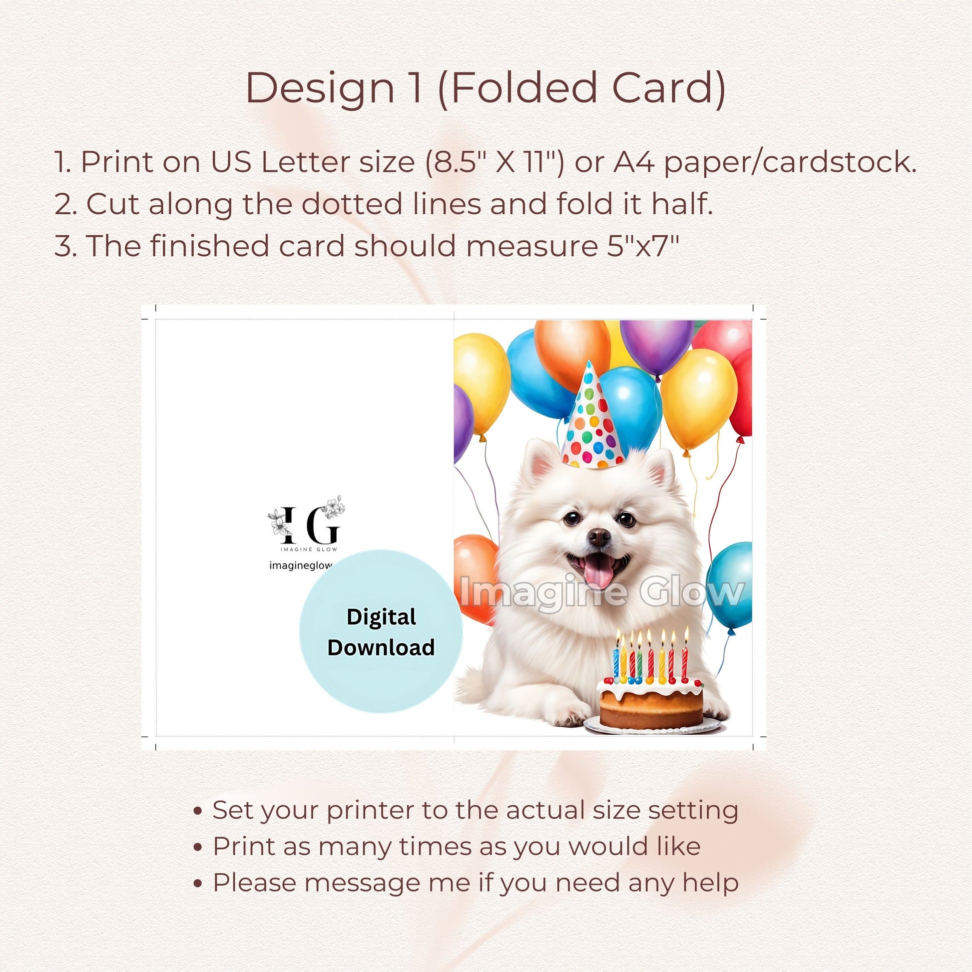 White Pomeranian Dog Birthday Greeting Card - Printable Pet Card for Dog Enthusiasts