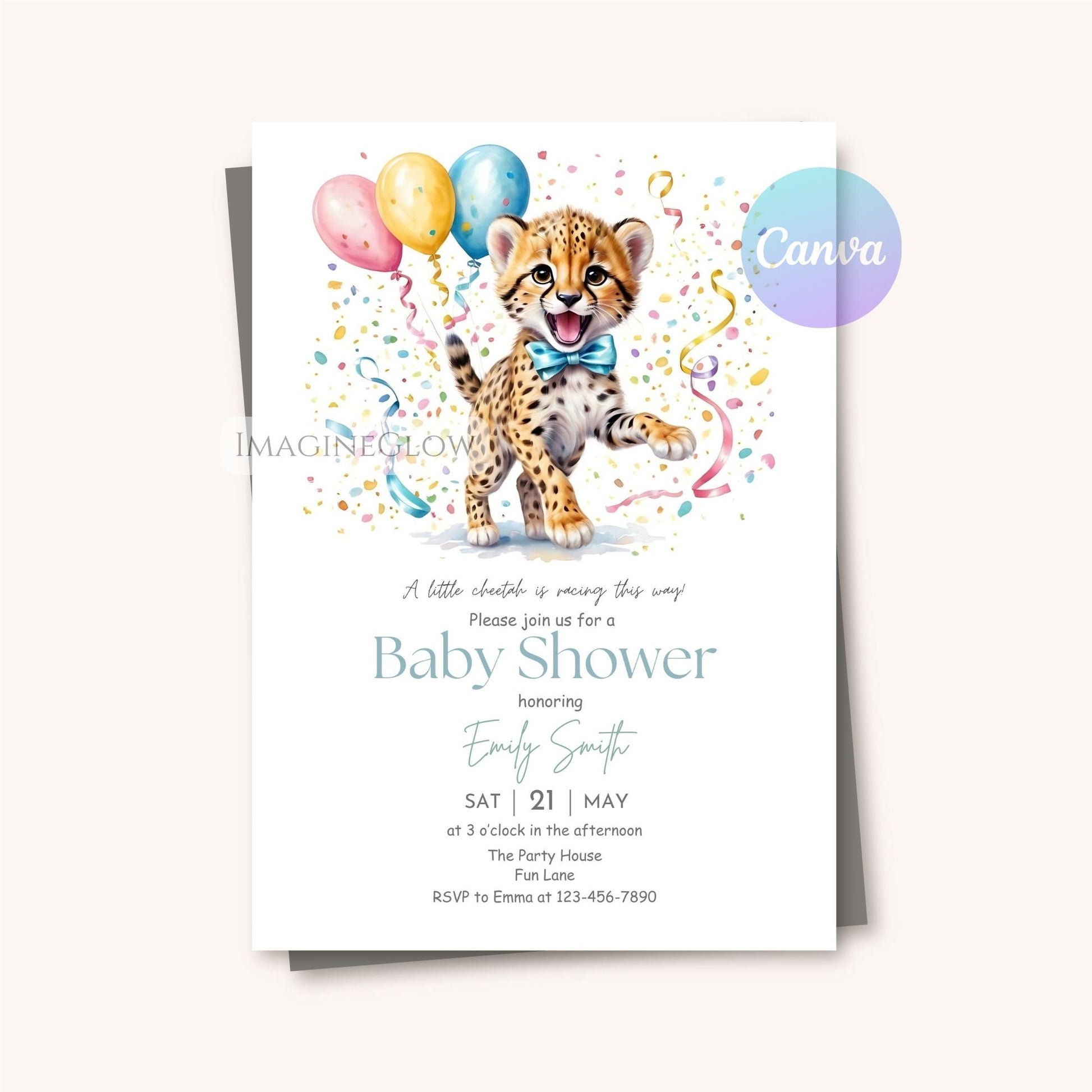 Cute cheetah themed baby shower invite