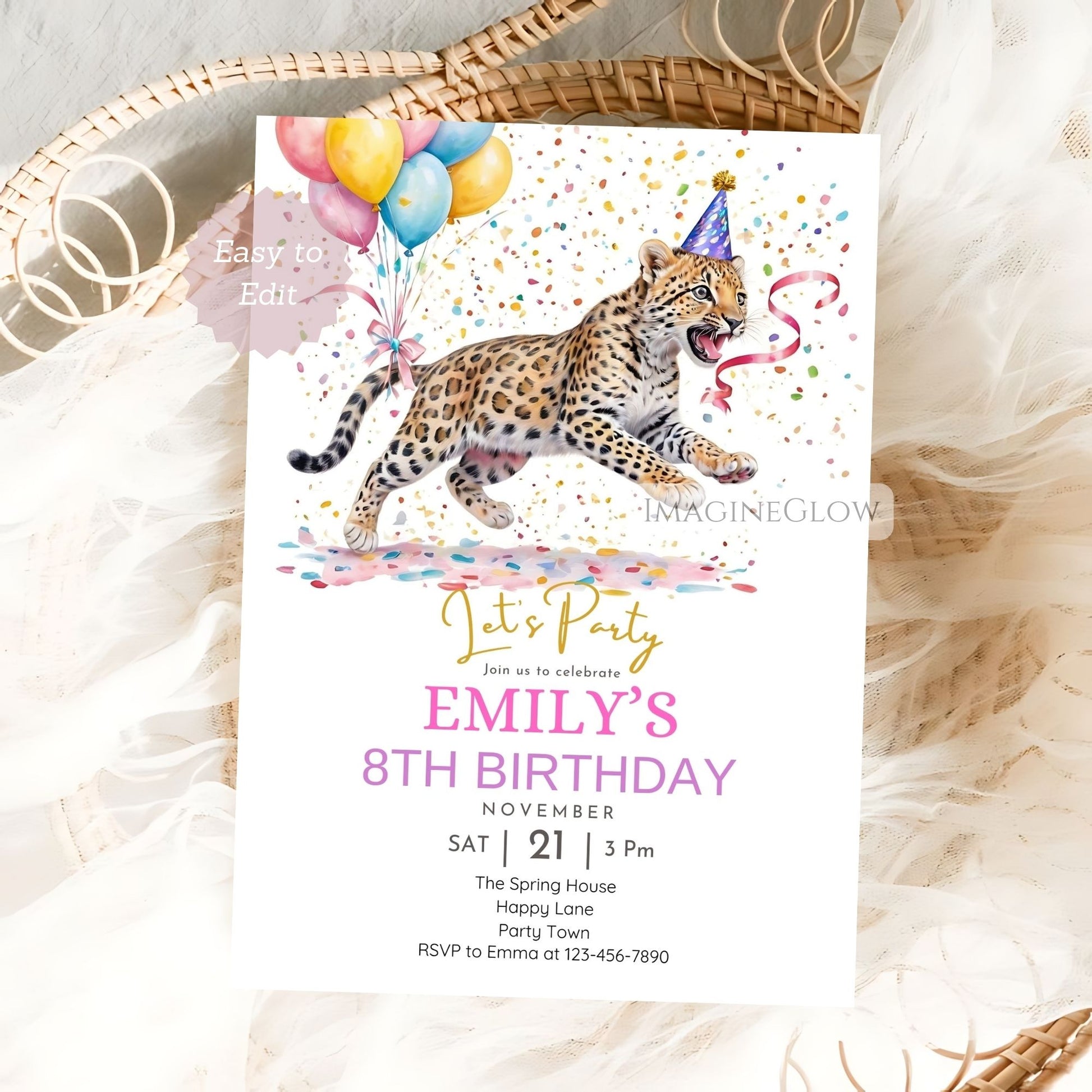 Fun leopard birthday invitation for girls
Editable wild leopard birthday invite for girls