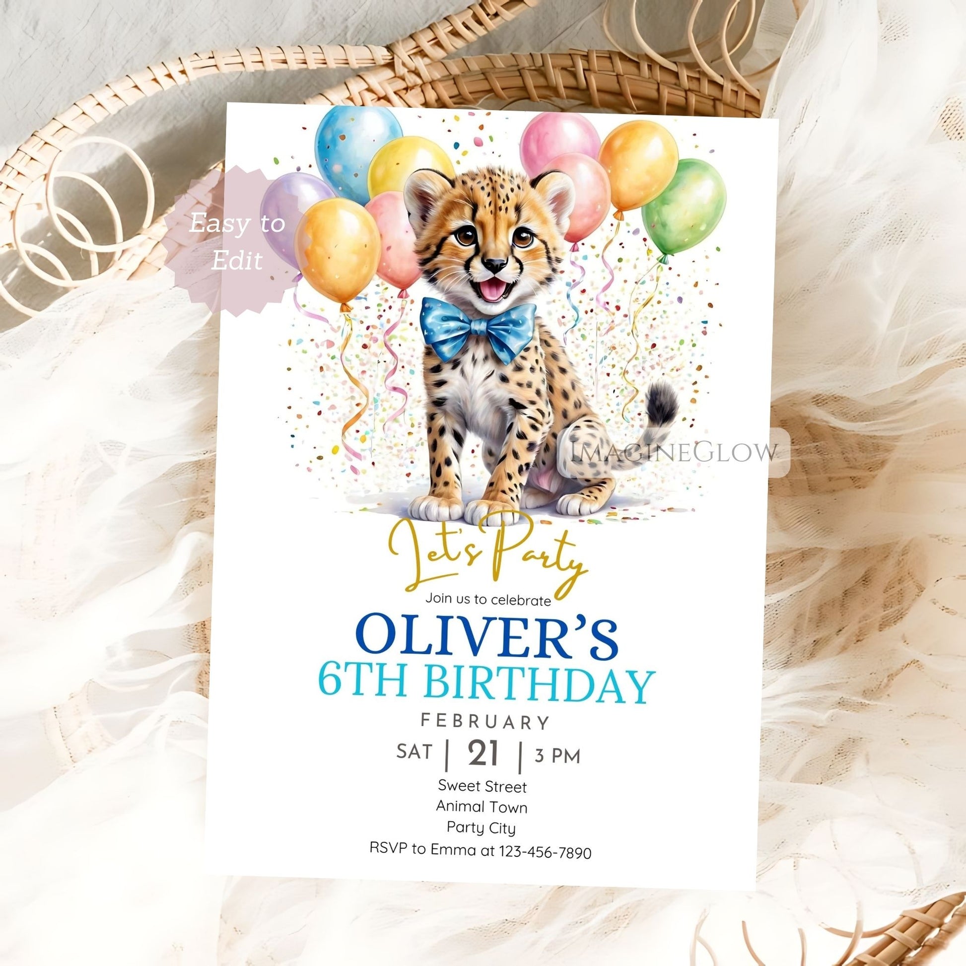 Leopard birthday party invitation for kids
Jungle animal birthday invite with leopard design